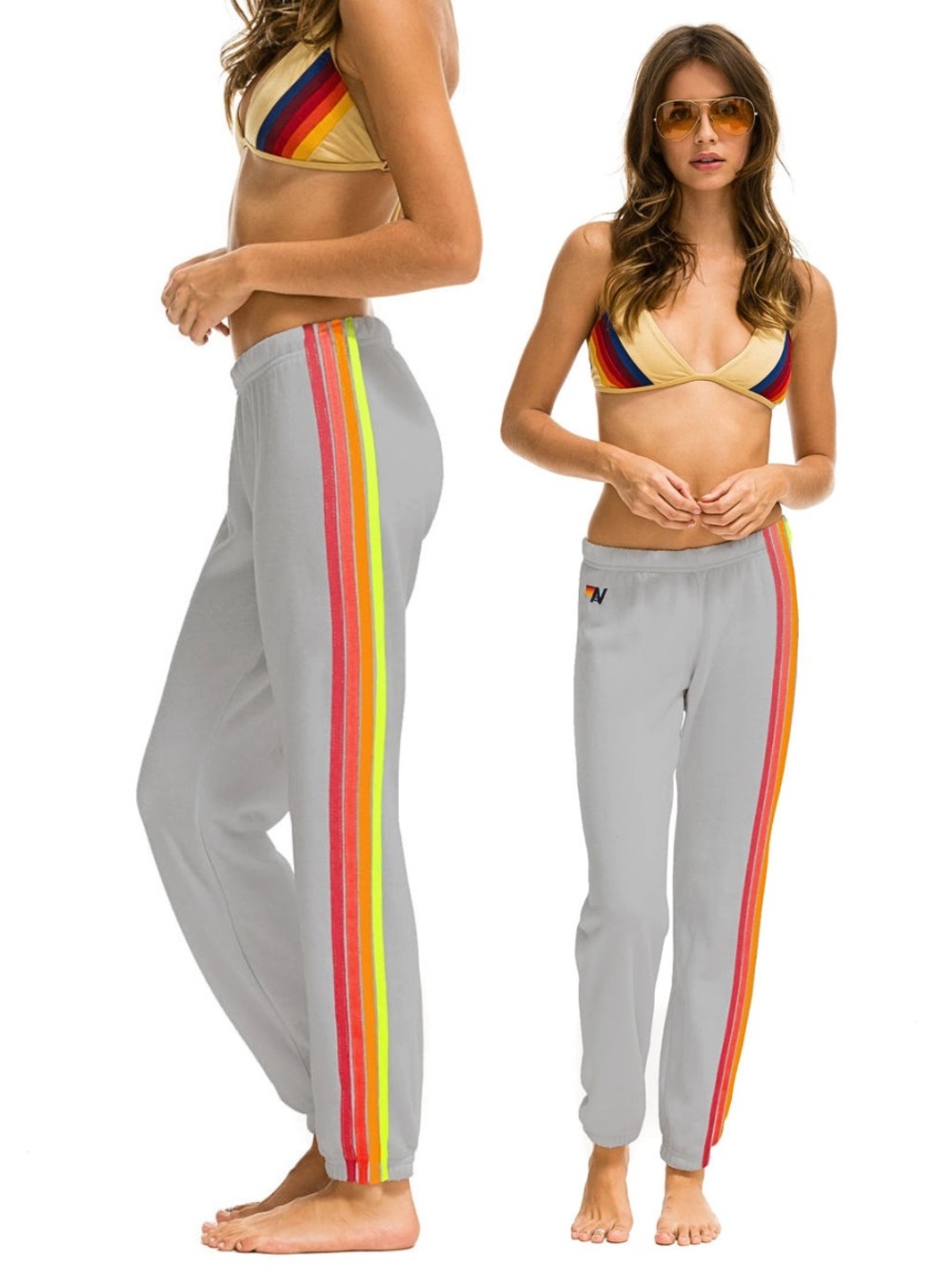 Aviator Nation 4 Stripe Women's Sweatpants in Light Grey/Neon XS